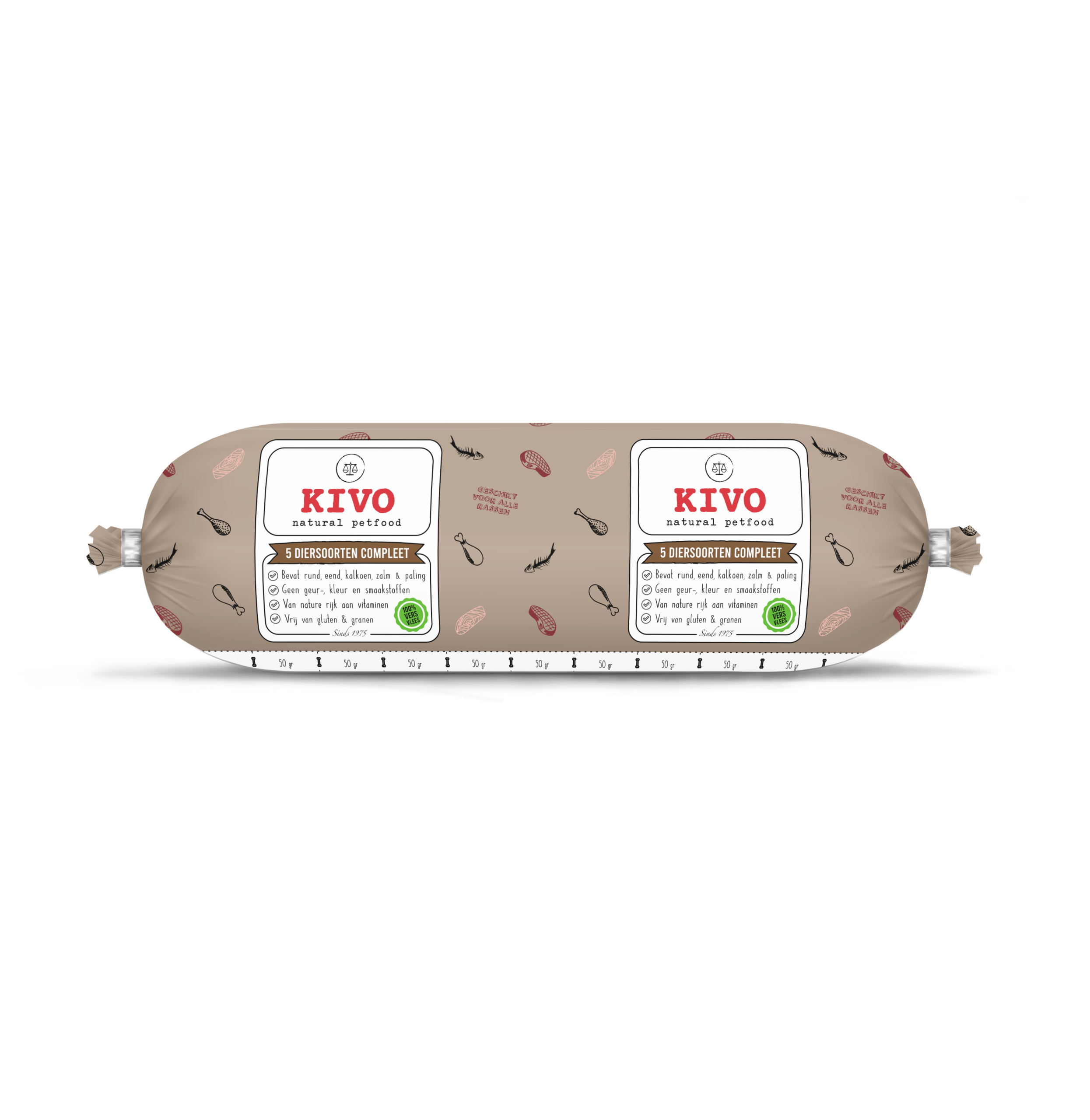 Kivo 5 Diersoorten compleet mix 500 gram. Vers vlees voor jouw hond