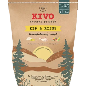 Een bruine zak brokken Kivo Kip & Rijst van 14 kilo