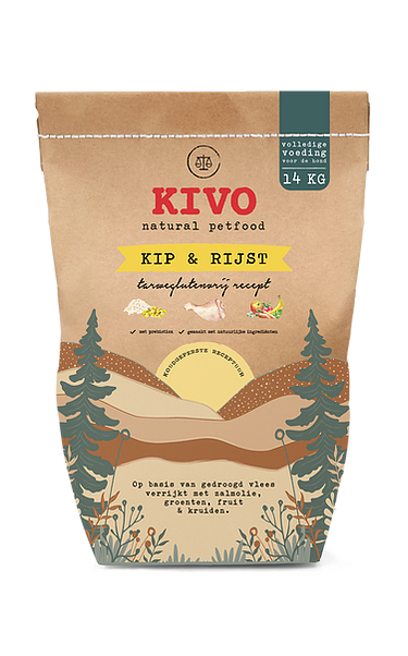 Een bruine zak brokken Kivo Kip & Rijst van 14 kilo