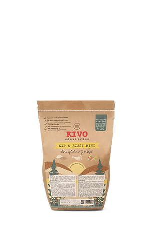 Een bruine zak brokken Kivo Kip & Rijst van 4 kilo
