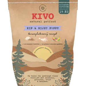 Een bruine zak brokken Kivo Kip & Rijst puppy van 14 kilo