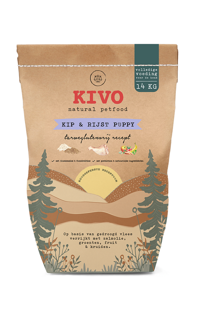 Een bruine zak brokken Kivo Kip & Rijst puppy van 14 kilo