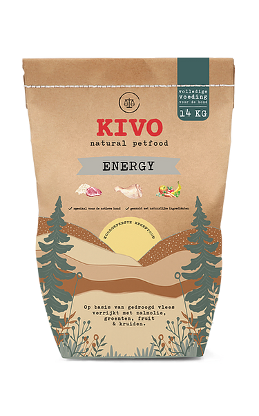 een bruine zak brokken Kivo energy van 14 kilo