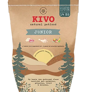 Een bruine zak brokken Kivo junior van 14 kilo