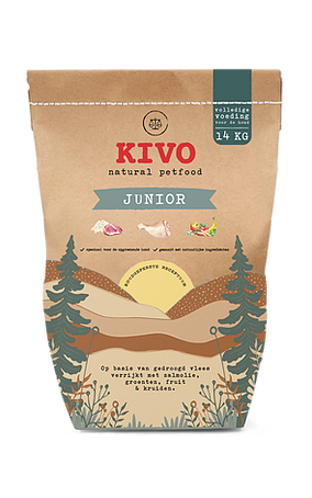 Een bruine zak brokken Kivo junior van 14 kilo
