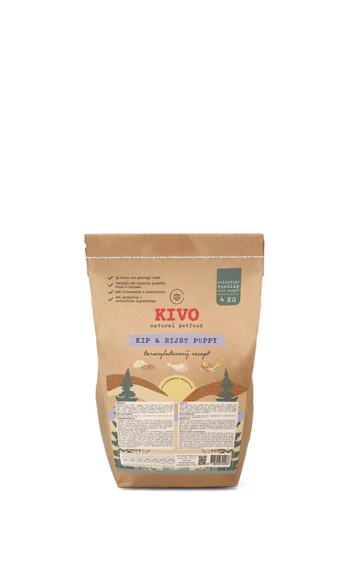 Een bruine zak brokken Kivo Kip & Rijst van 4 kilo