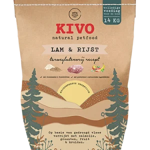 Een bruine zak brokken Kivo Lam & Rijst van 14 kilo