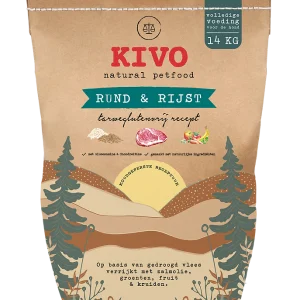 Een bruine zak brokken Kivo Rund & Rijst van 14 kilo