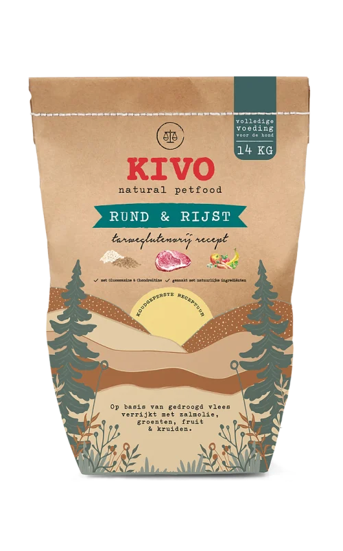 Een bruine zak brokken Kivo Rund & Rijst van 14 kilo