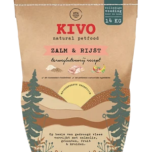 Een bruine zak brokken Kivo Zalm & Rijst van 14 kilo