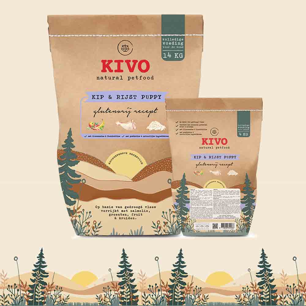 Kivo Kip en rijst puppy glutenvrij geperste brok 14 kg en 4kg